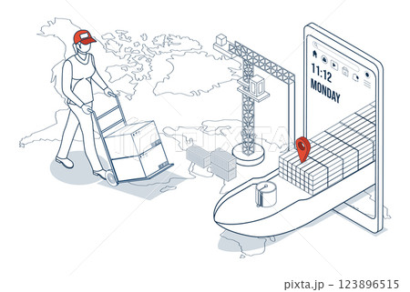 Maritime transport, involving container ships and cargo planes, plays a vital role in global logistics, facilitating seamless import and export activities. 123896515