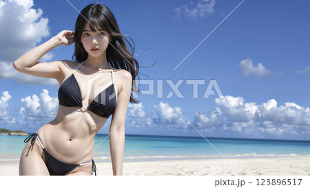 真夏にビーチでビキニの若い女性のポートレート撮影 123896517
