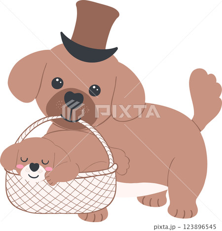 Father's Day Dog Dad and Baby A father dog carries a basket of puppies Illustration in Cute Cartoon Flat Design Father's Day Dog Dad and Baby A father dog carries a basket of puppies Illustration in Cute Cartoon Flat Design 123896545