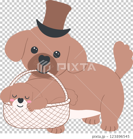 Father's Day Dog Dad and Baby A father dog carries a basket of puppies Illustration in Cute Cartoon Flat Design Father's Day Dog Dad and Baby A father dog carries a basket of puppies Illustration in Cute Cartoon Flat Design 123896545