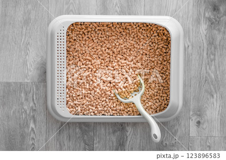 Cat toilet clean filled with wood granules. Wooden cat litter Cat toilet clean filled with wood granules. Wooden cat litter 123896583