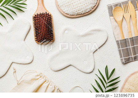 Zero waste concept. Eco-friendly home daily accessories. top view 123896735