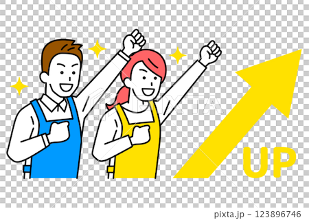 Men and women in aprons celebrating with rising arrows and fist pumps 123896746