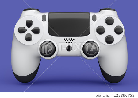 Realistic white video game joystick or gamepad on violet background. 3D rendering of streaming gear for cloud gaming and gamer workspace concept Realistic white video game joystick or gamepad on violet background. 3D rendering of streaming gear for cloud gaming and gamer workspace concept 123896755