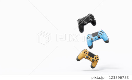 Realistic colorful video game joysticks or gamepads with color buttons on white background. 3D rendering of streaming gear for cloud gaming and gamer workspace concept 123896788