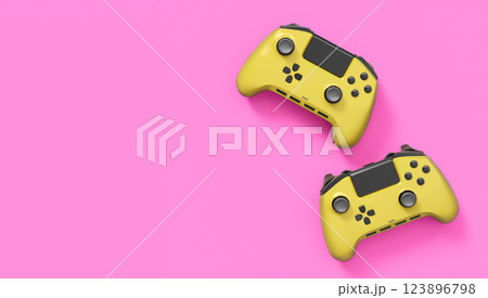 Realistic yellow video game joysticks or gamepads on pink background. 3D rendering of streaming gear for cloud gaming and gamer workspace concept Realistic yellow video game joysticks or gamepads on pink background. 3D rendering of streaming gear for cloud gaming and gamer workspace concept 123896798