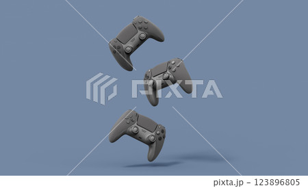 Realistic black video game joysticks or gamepads on black background. 3D rendering of streaming gear for cloud gaming and gamer workspace concept 123896805