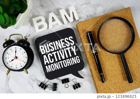 BAM - Business Activity Monitoring acronym with alarm clock and magnifying glass, business concept background BAM - Business Activity Monitoring acronym with alarm clock and magnifying glass, business concept background 123896825