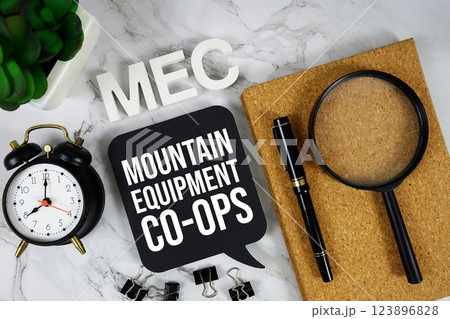 MEC - Mountain Equipment Co-Op acronym with alarm clock and magnifying glass, business concept background 123896828