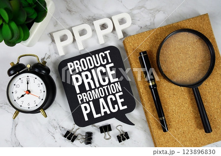 PPPP - Product Price Promotion Place acronym with alarm clock and magnifying glass, business concept background PPPP - Product Price Promotion Place acronym with alarm clock and magnifying glass, business concept background 123896830