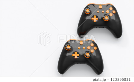 Realistic black video game joysticks or gamepads with color buttons on white background. 3D rendering of streaming gear for cloud gaming and gamer workspace concept Realistic black video game joysticks or gamepads with color buttons on white background. 3D rendering of streaming gear for cloud gaming and gamer workspace concept 123896831