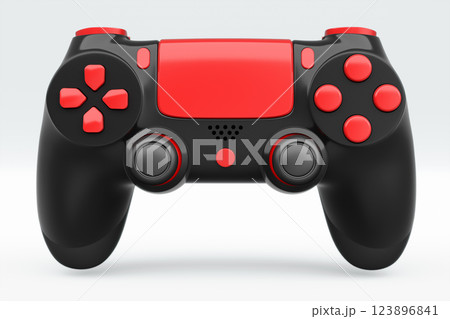 Realistic black video game joystick or gamepad with color buttons on white background. 3D rendering of streaming gear for cloud gaming and gamer workspace concept 123896841