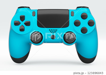 Realistic blue azure video game joystick or gamepad on white background. 3D rendering of streaming gear for cloud gaming and gamer workspace concept 123896843
