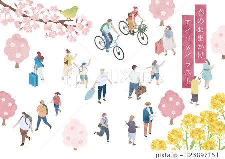 春のお出かけ、人々のアイソメトリックイラスト 123897151