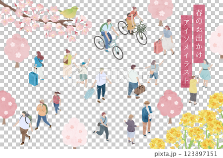 春のお出かけ、人々のアイソメトリックイラスト 123897151
