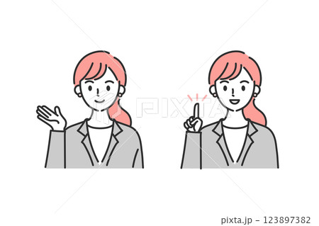 笑顔で案内をするスーツの女性のイラスト 123897382