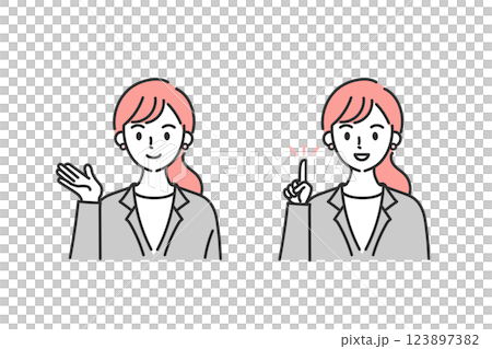 笑顔で案内をするスーツの女性のイラスト 123897382