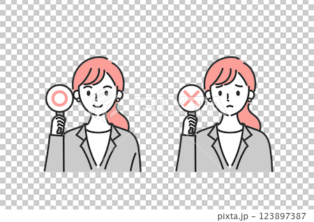 スーツ姿の女性がマルバツパネルを出すイラスト スーツ姿の女性がマルバツパネルを出すイラスト 123897387