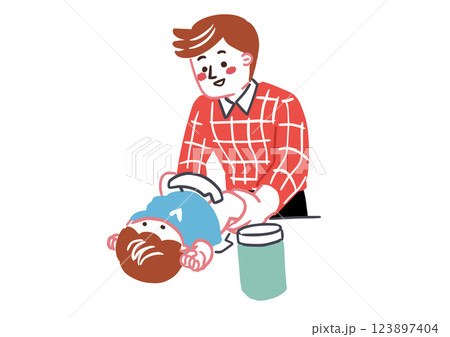 赤ちゃんのおしめを変えてあげる父親 赤ちゃんのおしめを変えてあげる父親 123897404