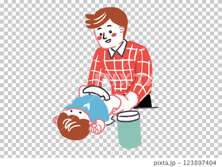 赤ちゃんのおしめを変えてあげる父親 赤ちゃんのおしめを変えてあげる父親 123897404