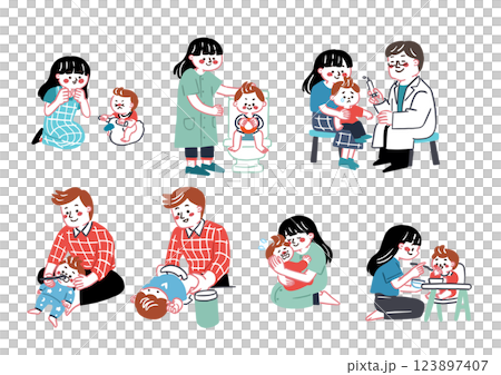 一對年輕夫婦努力養育孩子的插圖集 123897407