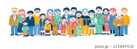 手書きの沢山の人々が並んでいる様子のイラスト 手書きの沢山の人々が並んでいる様子のイラスト 123897410