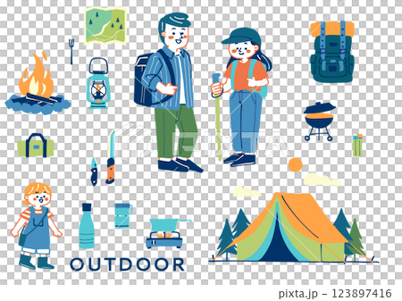 戶外設備和享受戶外活動的人們的插圖集 123897416
