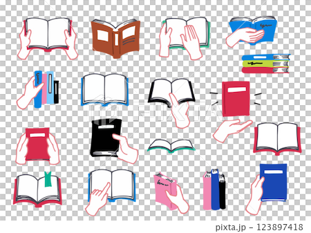 Illustration set of hands holding various books 123897418
