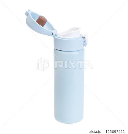 thermos for drinking light blue color isolate on white background thermos for drinking light blue color isolate on white background 123897421