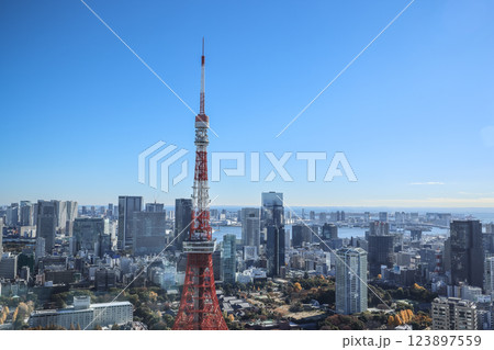 Urban Cityscape Featuring Iconic Red Tower and Skyscrapers, Tokyo Dec 9 2024 123897559
