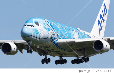 ANAエアバスA380離陸上昇 ANAエアバスA380離陸上昇 123897931