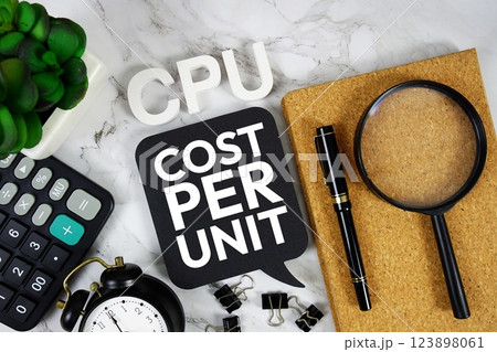 CPU - Cost Per Unit acronym with calculator, alarm clock and magnifying glass, business concept background 123898061
