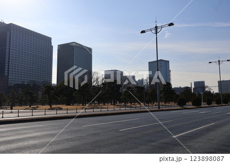 皇居外苑から見た青空と白い薄雲と道路と樹々の公園と高層ビルの建ち並ぶ都会の街並みの風景 123898087