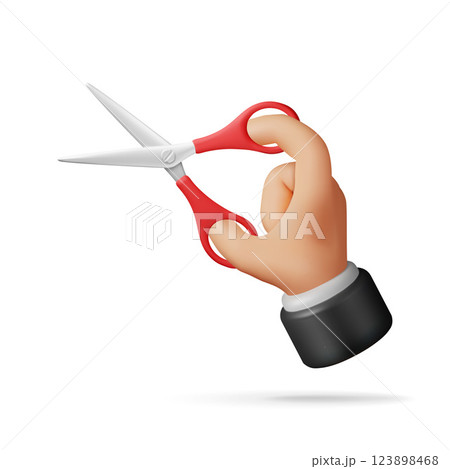 3D scissors with red plastic handles in hand 3D scissors with red plastic handles in hand 123898468