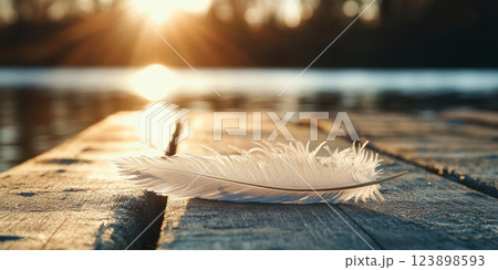 Serene Sunset Single White Feather on Wooden Dock by Calm Water 123898593