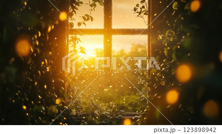 Golden Hour Sunset View Through a Rain Kissed Window Pane Lush Greenery 123898942