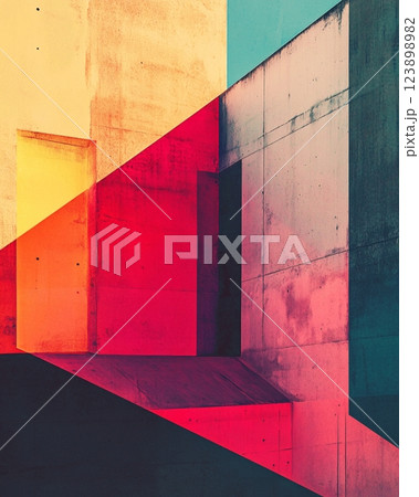 Abstract Concrete Architecture Vibrant Red Yellow and Teal Geometric Building Facade 123898982