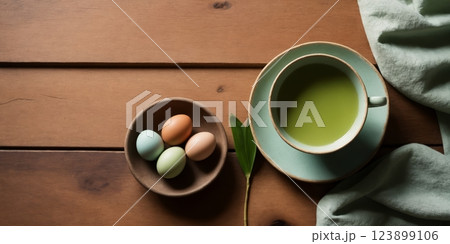Serene Easter still life featuring plate of pastel green eggs and matcha tea cup on wooden table. Inspired by Japanese aesthetics. Elegant background blends tradition and modern minimalism. Serene Easter still life featuring plate of pastel green eggs and matcha tea cup on wooden table. Inspired by Japanese aesthetics. Elegant background blends tradition and modern minimalism. 123899106