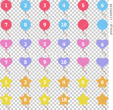 いろいろな形の風船の数字アイコンイラストセット 123899198