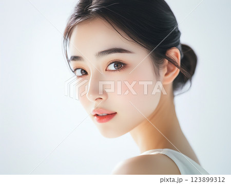 肩越しに振り向く美しい女性のポートレート写真 123899312