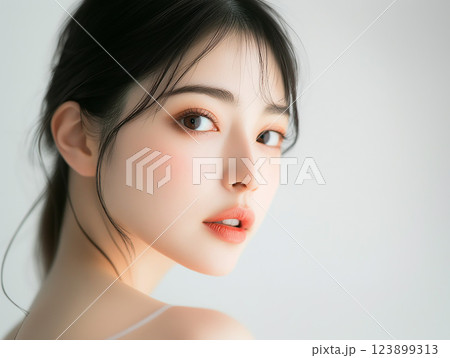 肩越しに振り向く美しい女性のポートレート写真 123899313