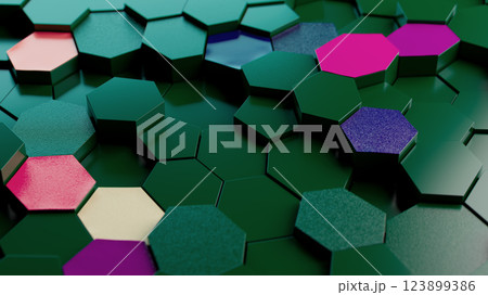 Vibrant Hexagonal Harmony: A Striking Glossy Surface Pattern Vibrant Hexagonal Harmony: A Striking Glossy Surface Pattern 123899386