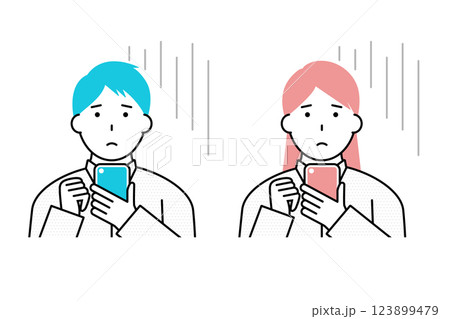 スマホを見て困った表情をする若い男性と女性のイラスト 123899479