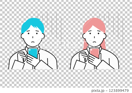 スマホを見て困った表情をする若い男性と女性のイラスト 123899479