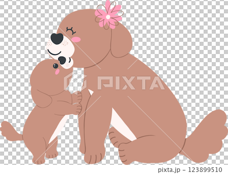 Mother's Day Puppy kisses mother's cheek cartoon illustration in flat design with love and warmth Mother's Day Puppy kisses mother's cheek cartoon illustration in flat design with love and warmth 123899510