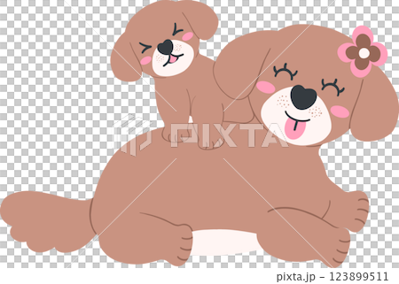 Mother's Day dog puppy rides on mother's back cartoon in flat design with love and warmth Mother's Day dog puppy rides on mother's back cartoon in flat design with love and warmth 123899511