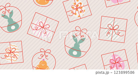 Cute simple line easter gift baskets with egg, bunny, chick seamless pattern. Abstract modern spring background. 123899586