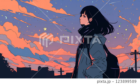 空を見上げるアニメ風の女の子 AI生成画像 空を見上げるアニメ風の女の子 AI生成画像 123899589