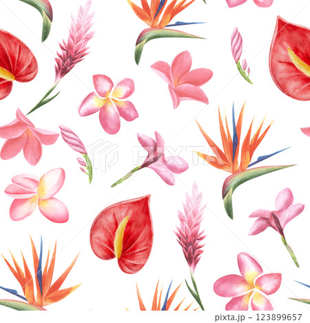 Beach cheerful seamless pattern wallpaper of tropical flowers bird of paradise (strelitzia), plumeria, anthurium, on a light white background. Fabric textile, digital paper. 123899657