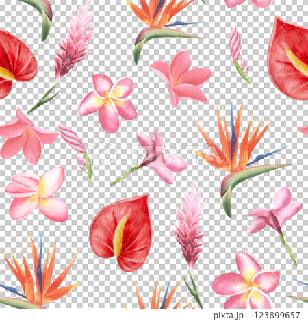 Beach cheerful seamless pattern wallpaper of tropical flowers bird of paradise (strelitzia), plumeria, anthurium, on a light white background. Fabric textile, digital paper. 123899657